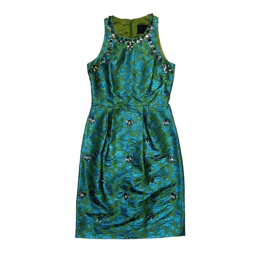 NWT J.Crew Collection Brocade Jeweled Sheath in Metallic Teal Green Dress 00